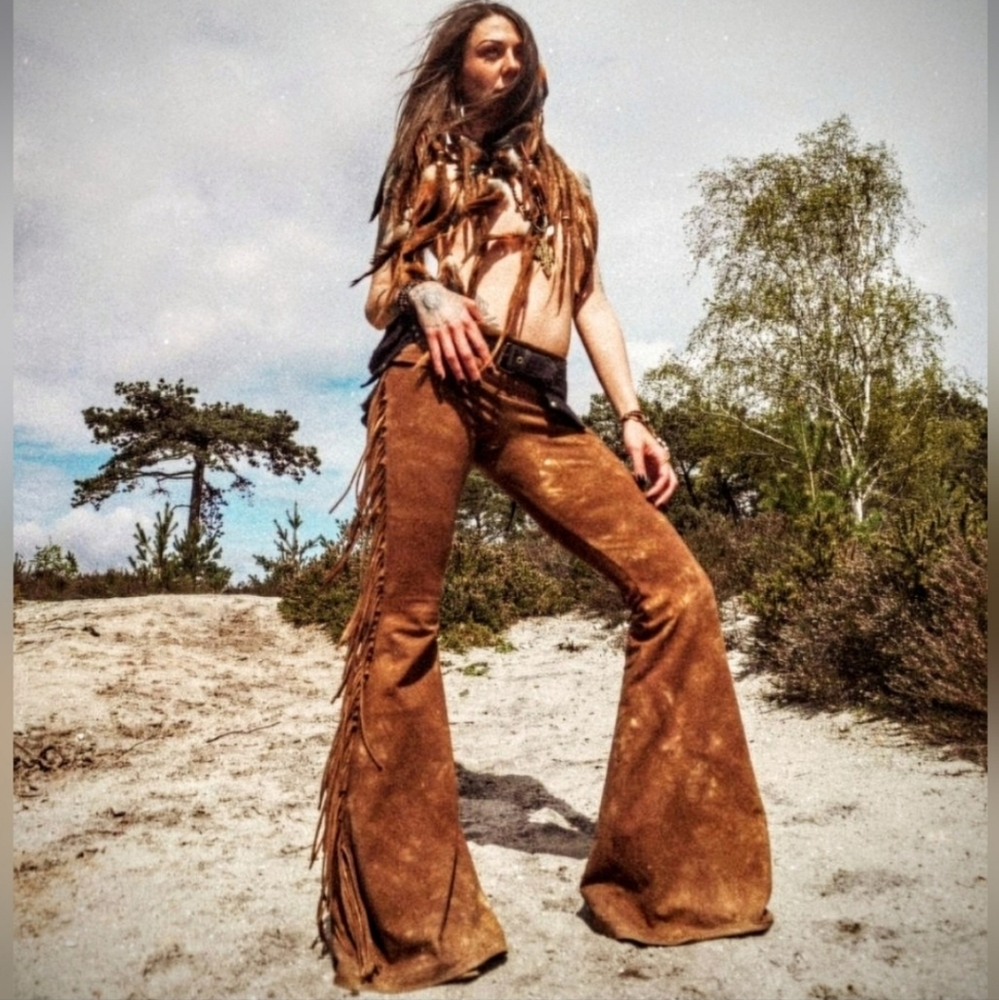 High Waisted Fringe Bell Bottoms in GOLDEN BROWN TIE DYE Festival Boho Pants NWT - Picture 8 of 13